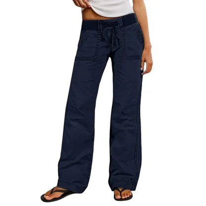 Solid Seam Detail Drawstring Mid Rise Straight Leg Pants