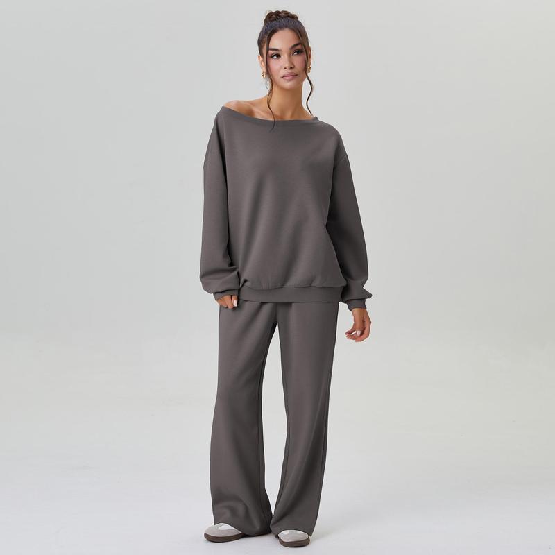 💘 Valentine’s Day Sale 💘Women's casual solid-color scoop-neck long-sleeved top and wide-leg pants set, comfortable curved-neck loose two-piece clothing set