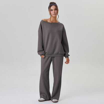 💘 Valentine’s Day Sale 💘Women's casual solid-color scoop-neck long-sleeved top and wide-leg pants set, comfortable curved-neck loose two-piece clothing set