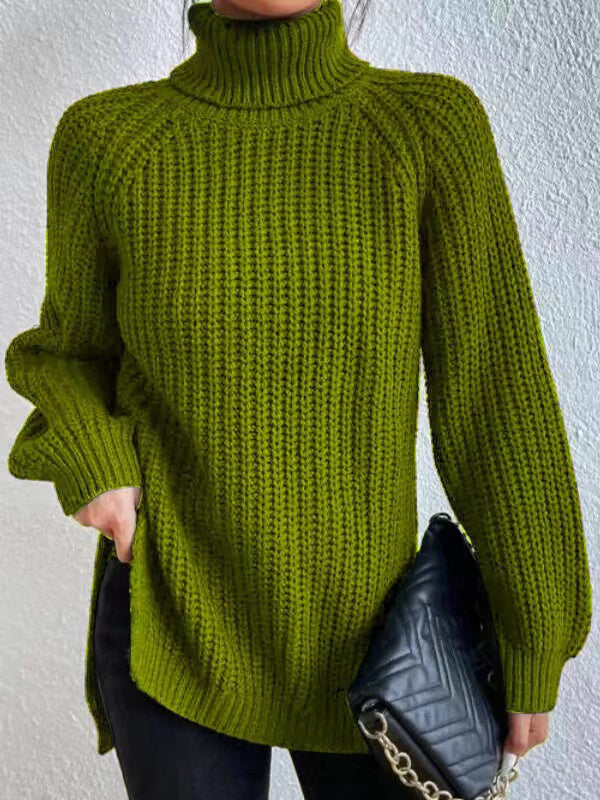 💥Last day only $37.99📢 Long Sleeves Loose Solid Color Split-Side High Neck Pullovers Sweater Tops