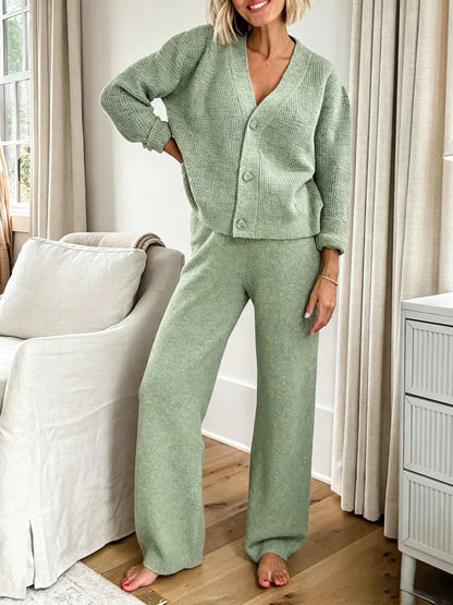 Last Day Flash Sale | 50% OFF Textured Knit Button Cardigan Matching Pants Two-Piece Outfit