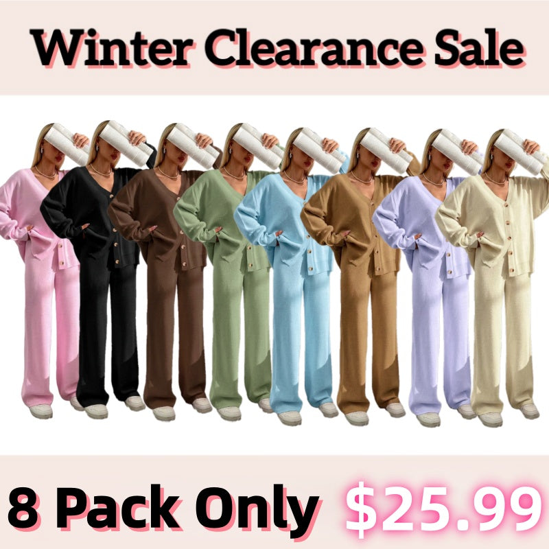 ⏰Final 2-Hour Clearance⚡ Women’s Button Front V-Neck Cardigan & Elastic Waist Wide-Leg Pants Set – Casual Cozy Knit Two-Piece Outfit for Fall & Winter