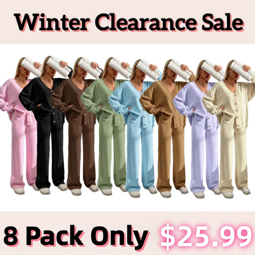⏰Final 2-Hour Clearance⚡ Women’s Button Front V-Neck Cardigan & Elastic Waist Wide-Leg Pants Set – Casual Cozy Knit Two-Piece Outfit for Fall & Winter