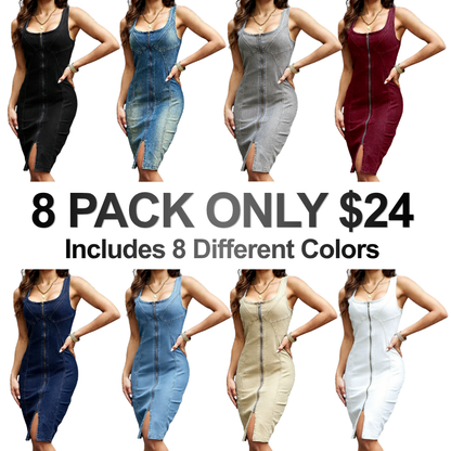 Women's Summer Lightweight Denim Zipper Front Bodycon Dress
