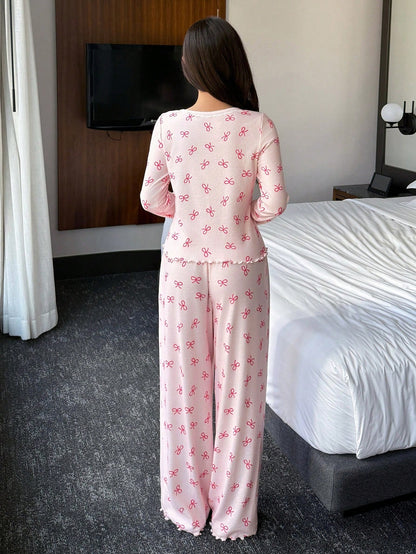 Women's Bow Print Long-Sleeve Lounge Pajama Set