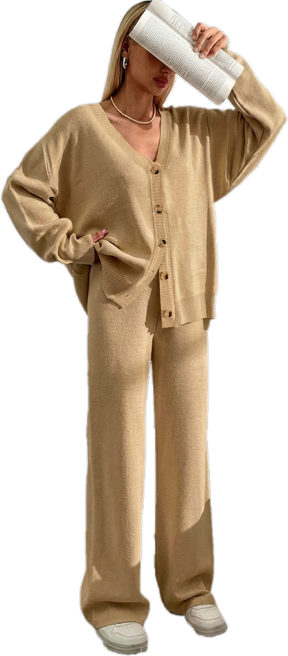 ⏰Final 2-Hour Clearance⚡ Women’s Button Front V-Neck Cardigan & Elastic Waist Wide-Leg Pants Set – Casual Cozy Knit Two-Piece Outfit for Fall & Winter