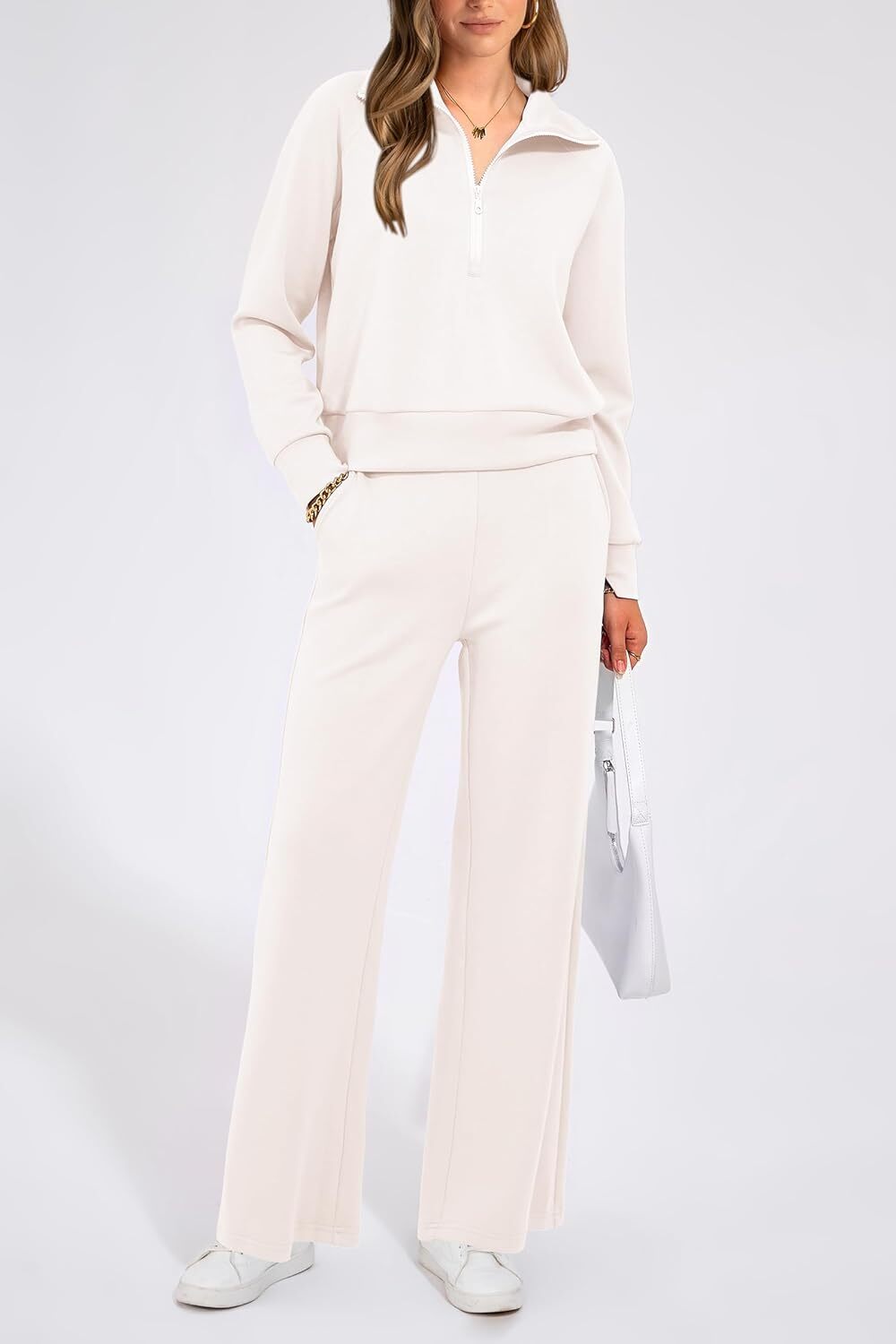 Women's Outfits Casual Lapel Half Zip Sweatshirts And Wide Leg Pants Tracksuit Sets