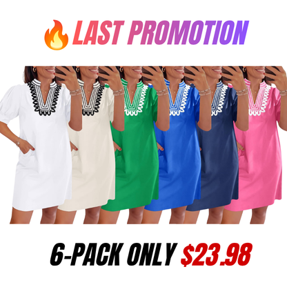 Womens Summer V Neck Shift Dresses Puff Short Sleeve Casual Dress