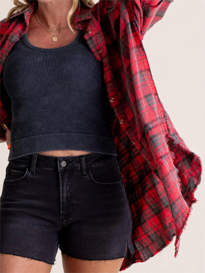 ⏰Hot Sale-Women's Seams Raw Edge Washed Oversized Shirt Jacket with Pockets 🔥New arrivals at special price🔥