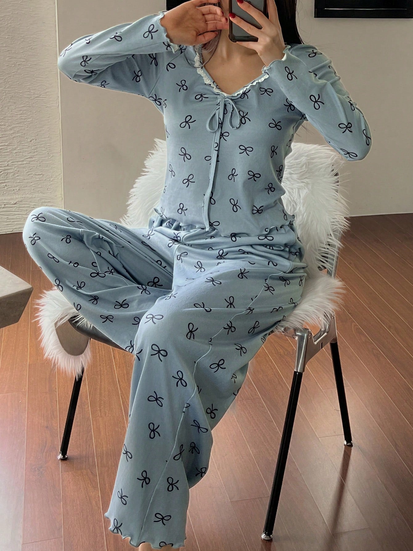 Women's Bow Print Long-Sleeve Lounge Pajama Set