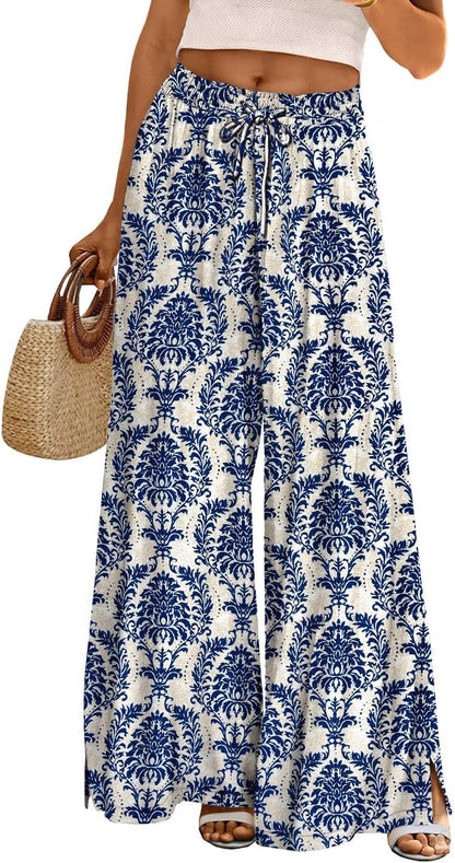 Women Summer Flowy Wide Leg Pants Drawstring Elastic Waist Casual Lounge Beach Palazzo Trouser with Pockets