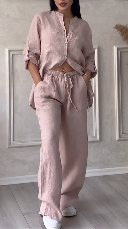 Women's V-neck Cotton and Linen Casual Suit