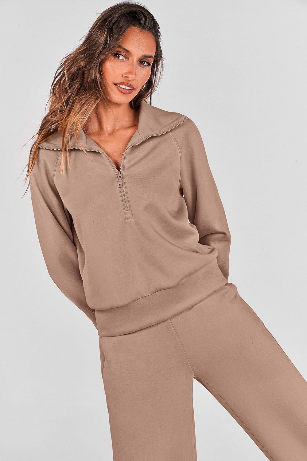 Women's Outfits Casual Lapel Half Zip Sweatshirts And Wide Leg Pants Tracksuit Sets
