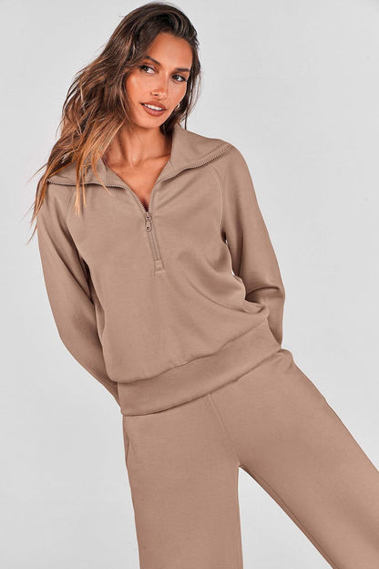 Women's Outfits Casual Lapel Half Zip Sweatshirts And Wide Leg Pants Tracksuit Sets