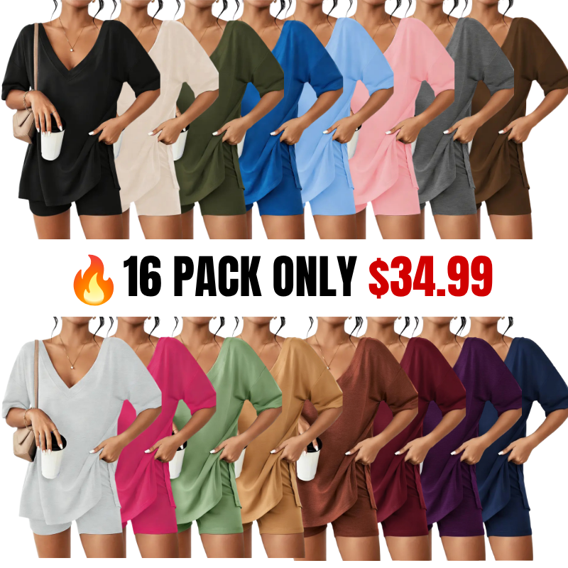 V-neck Two-Piece Pajama Set For Women Summer Casual Oversized Split Hem Shirts