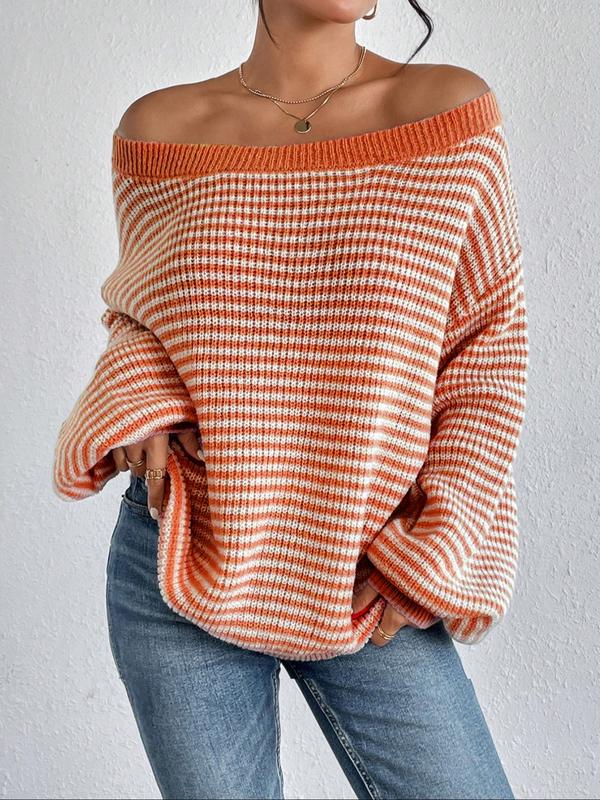 Women's Striped Drop Shoulder Sweater, Casual Bishop Sleeve Boat Neck Jumper for Daily Outdoor Wear, Ladies Knitwear for All Seasons, Womenswear, Tops