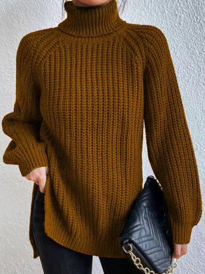 💥Last day only $37.99📢 Long Sleeves Loose Solid Color Split-Side High Neck Pullovers Sweater Tops