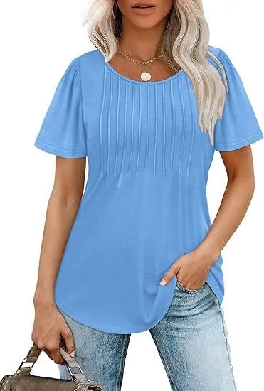 Women's T Shirts Short Sleeve Pleated Dressy Casual Scooped Neck Summer Tops Blouses