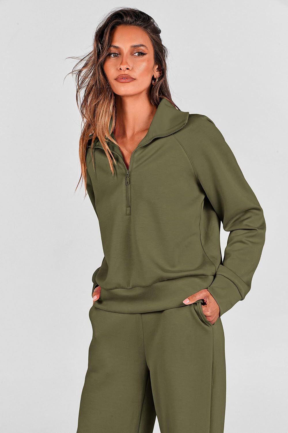 Women's Outfits Casual Lapel Half Zip Sweatshirts And Wide Leg Pants Tracksuit Sets