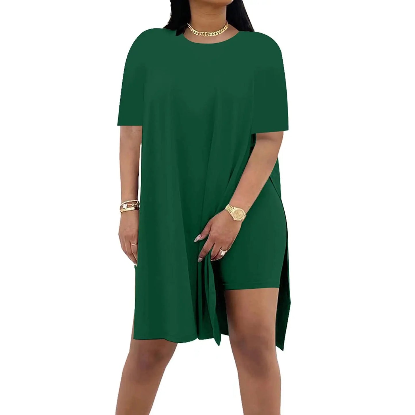 Plus Size Summer Outfit Side Slit Tunic Top & Biker Shorts Set