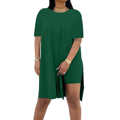 Plus Size Summer Outfit Side Slit Tunic Top & Biker Shorts Set