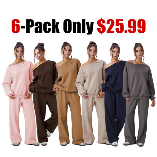 💘 Valentine’s Day Sale 💘Women's casual solid-color scoop-neck long-sleeved top and wide-leg pants set, comfortable curved-neck loose two-piece clothing set