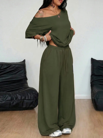Loose Baggy Off Shoulder T-Shirt And Wide Leg Pants Two Pieces Outfits
