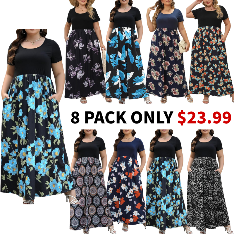 Curvy Women Casual Maxi Dress Plus Size Short Sleeve Chevron Print