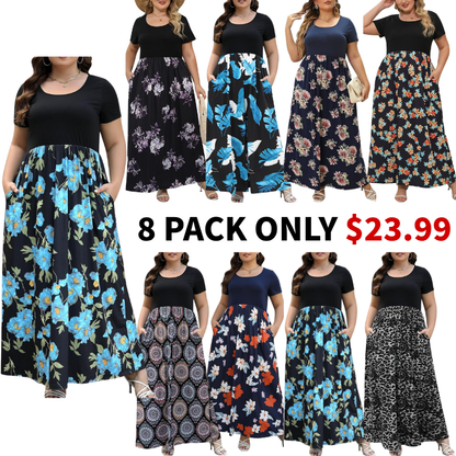 Curvy Women Casual Maxi Dress Plus Size Short Sleeve Chevron Print