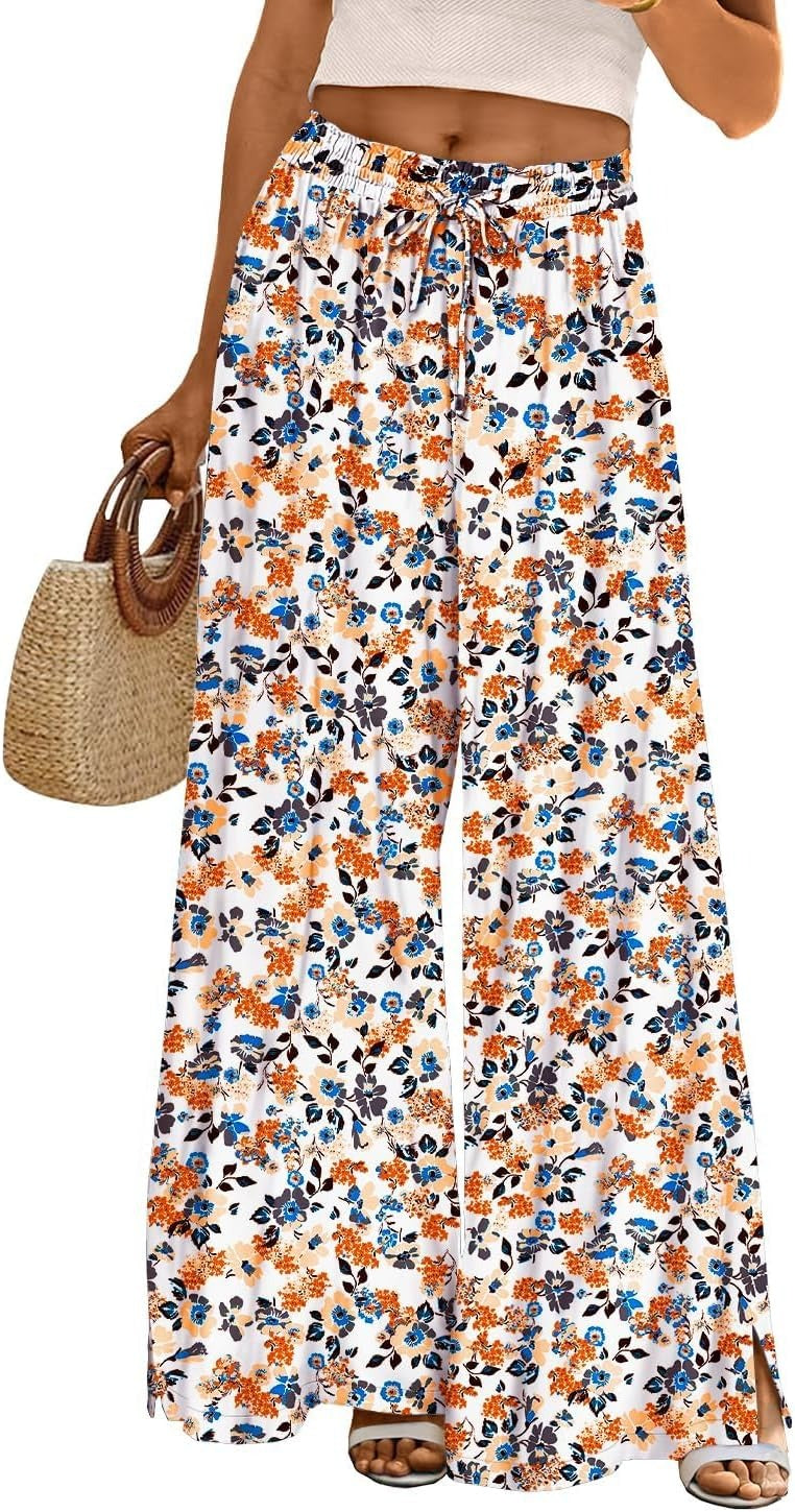 Women Summer Flowy Wide Leg Pants Drawstring Elastic Waist Casual Lounge Beach Palazzo Trouser with Pockets