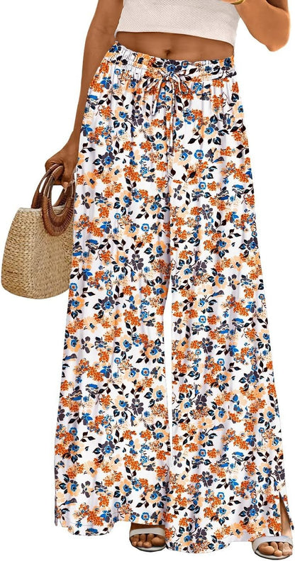 Women Summer Flowy Wide Leg Pants Drawstring Elastic Waist Casual Lounge Beach Palazzo Trouser with Pockets