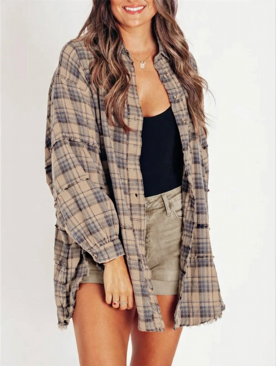 ⏰Hot Sale-Women's Seams Raw Edge Washed Oversized Shirt Jacket with Pockets 🔥New arrivals at special price🔥
