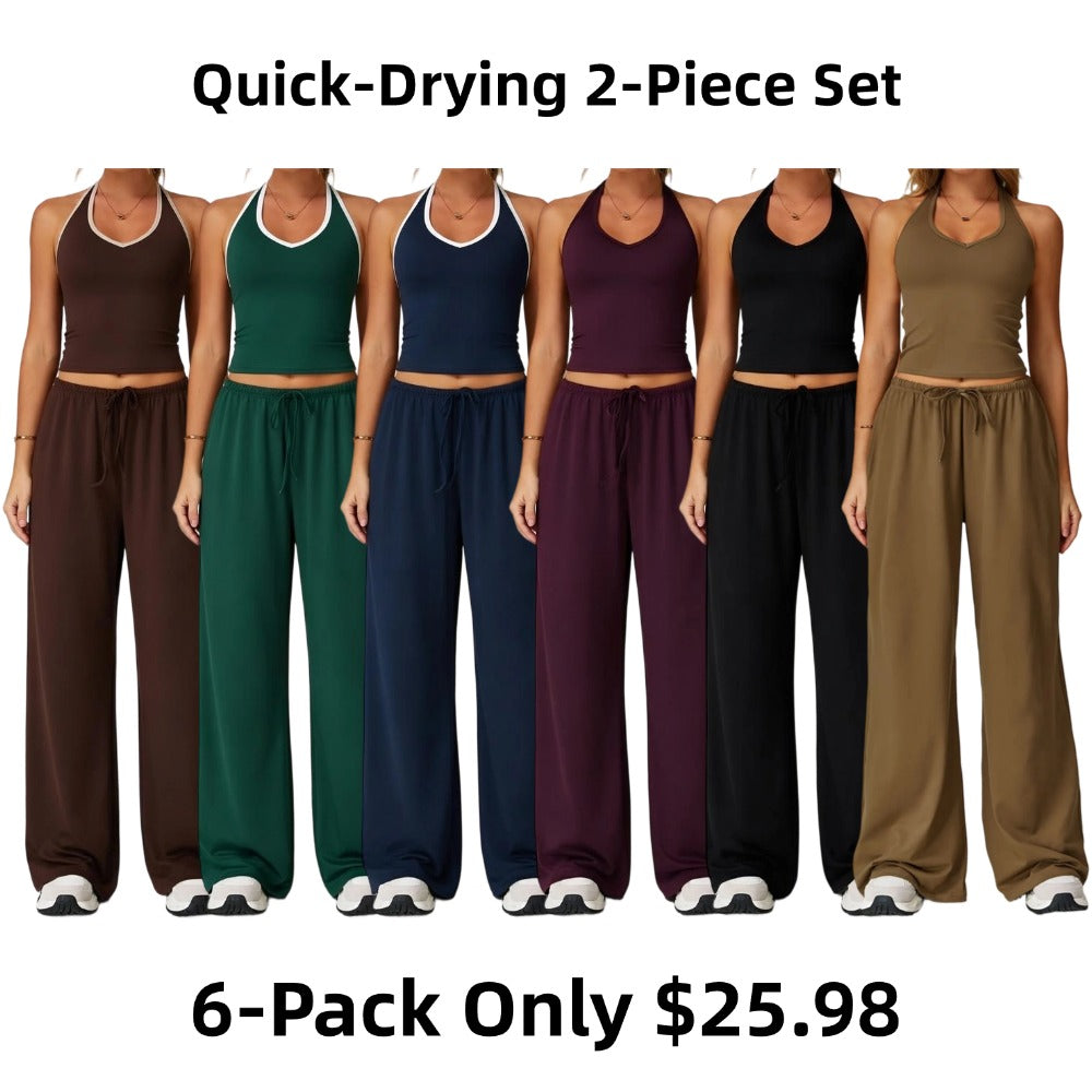 Women's Quick-Drying Athleisure Outfits - Adjustable V-Neck Strappy Top & Wide Leg Pants