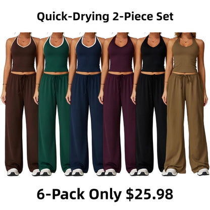 Women's Quick-Drying Athleisure Outfits - Adjustable V-Neck Strappy Top & Wide Leg Pants