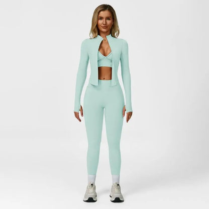 Women's Solid Criss Cross Crop Tank Top & High Waist Leggings & Zip Up Crop Jacket Tracksuit Set