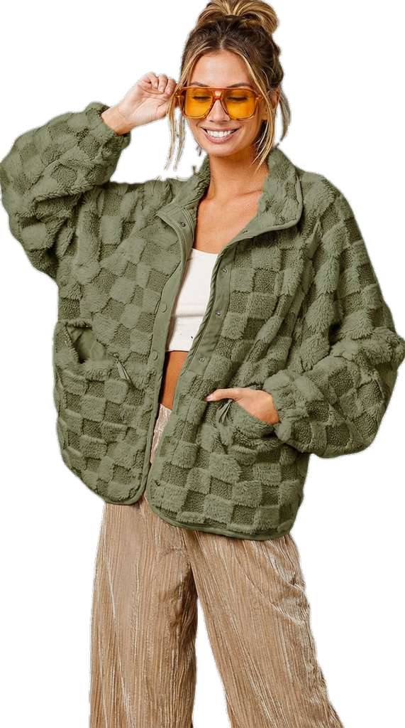 ⏰Final 2-Hour Clearance⚡ Chouyatou Women’s Winter Sherpa Jacket, Casual Contrast Plaid Faux Fur Coat, Loose Fit Plush Oversized Warm Outerwear