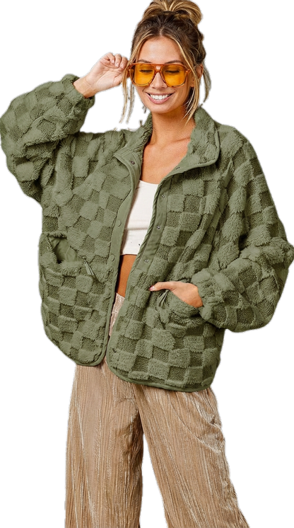⏰Final 2-Hour Clearance⚡ Chouyatou Women’s Winter Sherpa Jacket, Casual Contrast Plaid Faux Fur Coat, Loose Fit Plush Oversized Warm Outerwear