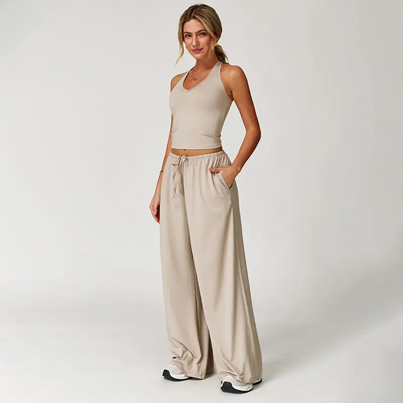 Women's Quick-Drying Athleisure Outfits - Adjustable V-Neck Strappy Top & Wide Leg Pants