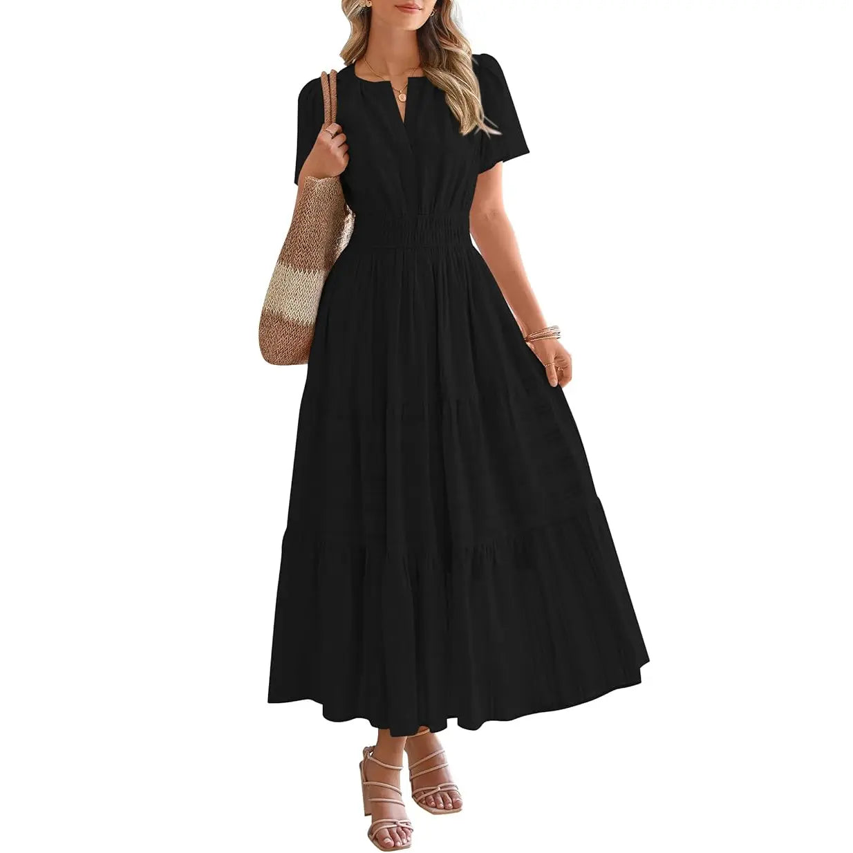 Women's Summer 2026 Casual Maxi Dress Lightweight Short Sleeve V Neck Boho Dress with Pockets
