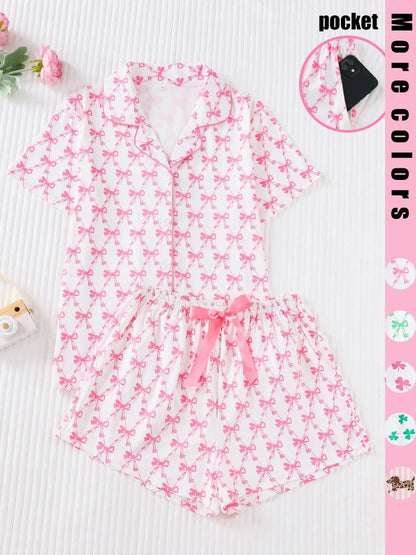 Women's Bow Full-Print Design Two-Piece Sleepwear Set