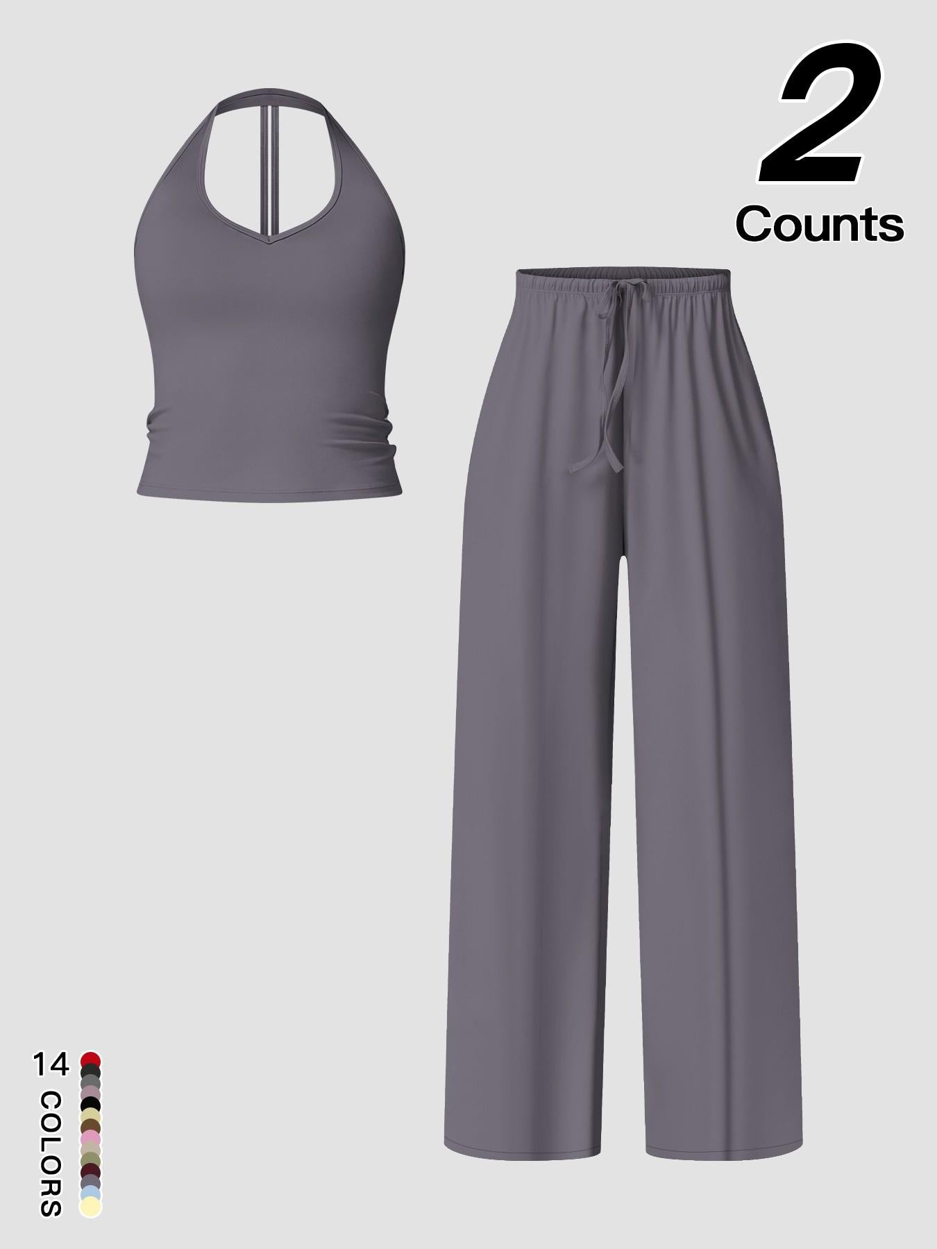 Women's Quick-Dry Sports Tank Top, Casual High-Waisted Bell Bottoms Two Piece Set