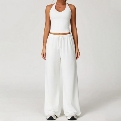 Women's Quick-Drying Athleisure Outfits - Adjustable V-Neck Strappy Top & Wide Leg Pants
