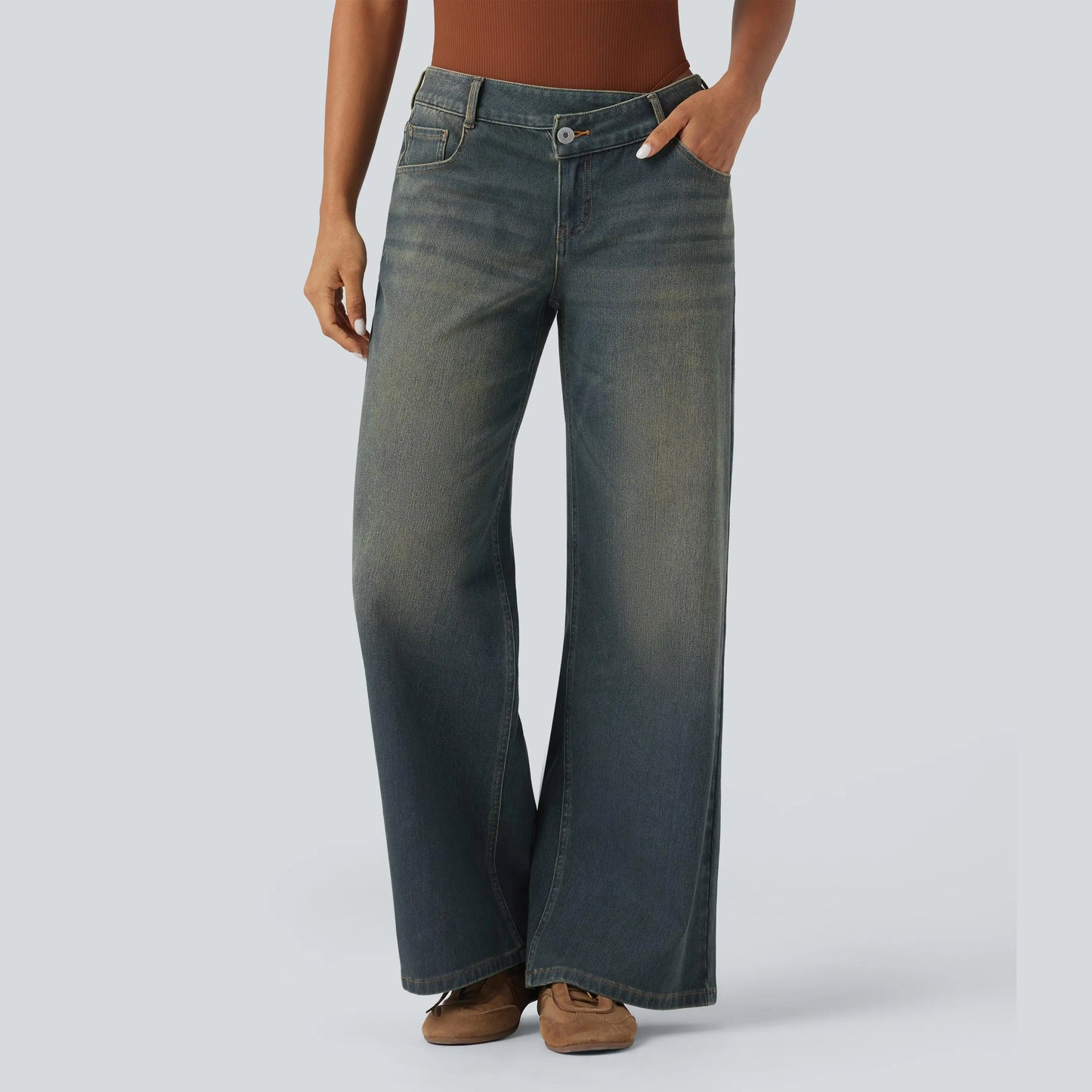 Low Rise Zipper Pockets Baggy Wide Leg Jeans