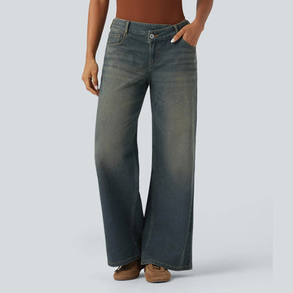 Low Rise Zipper Pockets Baggy Wide Leg Jeans