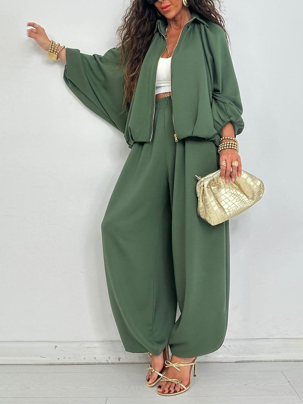 Casual Zipper Cardigan + Bloomer Pants Set