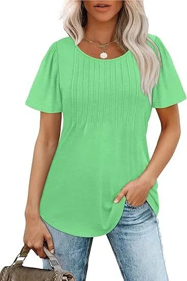 Women's T Shirts Short Sleeve Pleated Dressy Casual Scooped Neck Summer Tops Blouses