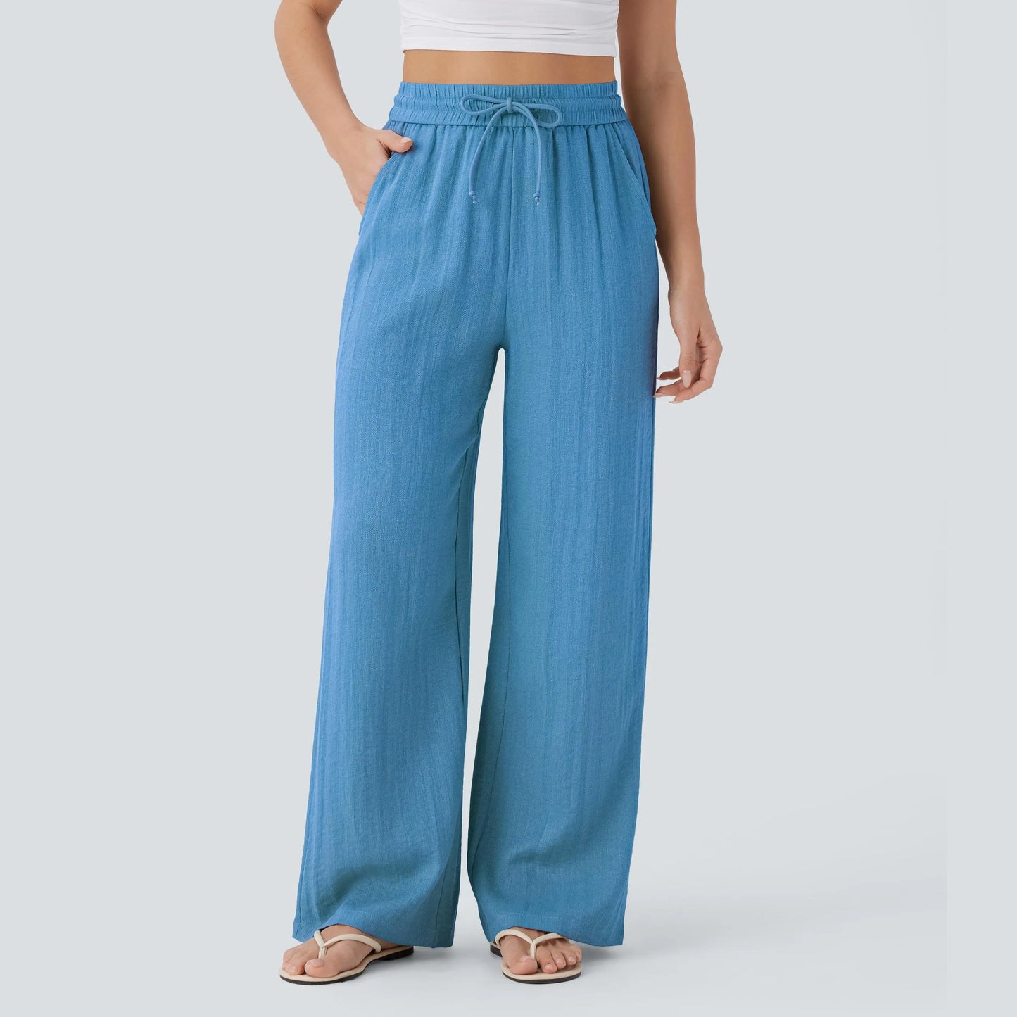 High-Waisted Drawstring Wide-Leg Linen-Feel Pants with Pockets