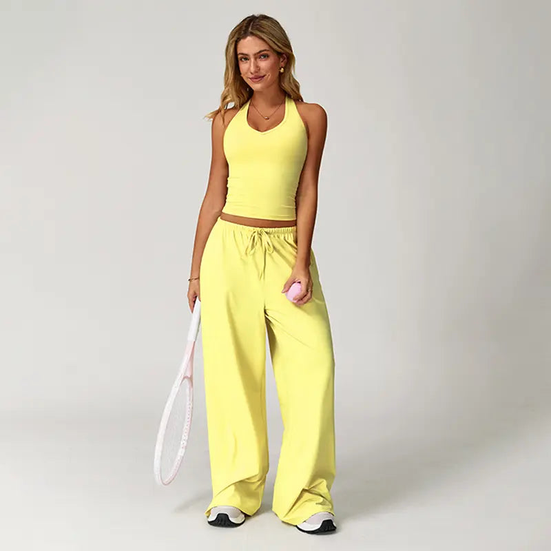 Women's Quick-Drying Athleisure Outfits - Adjustable V-Neck Strappy Top & Wide Leg Pants