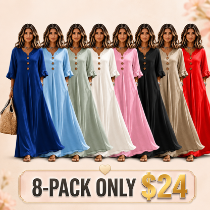 Women's Boho Solid V-Neck A-Line Dress, Ruffle Sleeve Casual Loose Flowy Midi Dress with Wooden Buttons