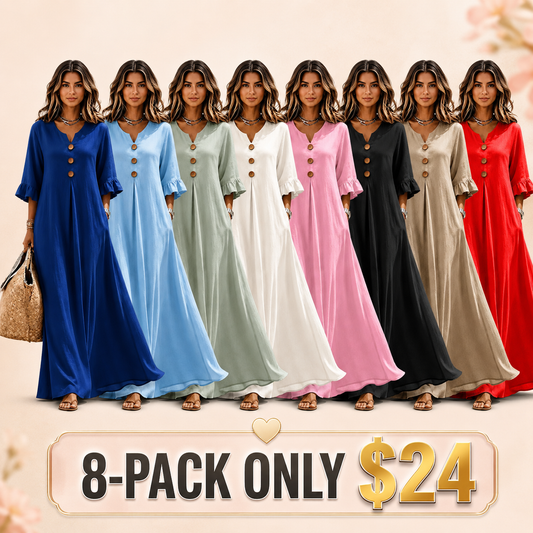 Women's Boho Solid V-Neck A-Line Dress, Ruffle Sleeve Casual Loose Flowy Midi Dress with Wooden Buttons